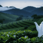 An image showcasing a serene tea plantation nestled amidst the rolling green hills of South Africa