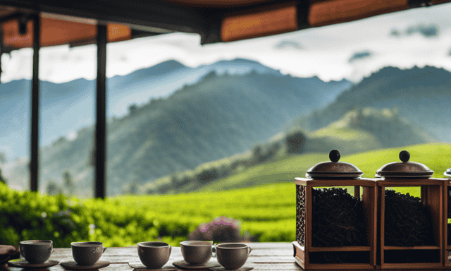 An image showcasing a serene, rustic tea shop surrounded by lush tea plantations, with an assortment of colorful, neatly arranged oolong tea leaves in large, ornate jars, evoking a sense of abundance and freshness