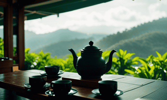 An image showcasing a serene tea shop nestled amidst lush green tea plantations, with sunlight filtering through the leaves