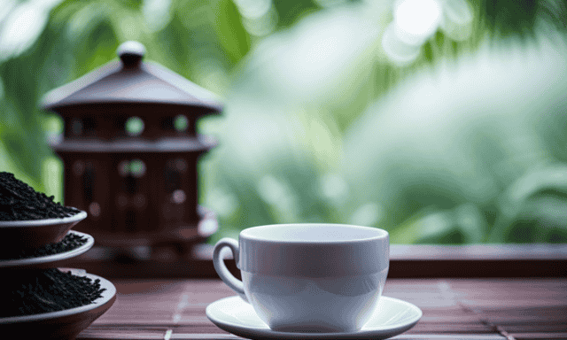 An image showcasing a serene teahouse nestled amidst lush tea gardens, with intricately designed teacups, teapots, and aromatic Oolong tea leaves on display, inviting readers to explore local tea shops for their Oolong tea fix