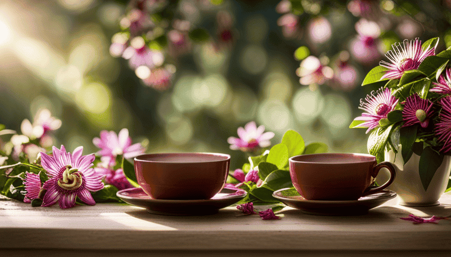 An image featuring a serene, sunlit garden with vibrant passion flower vines gracefully cascading over a rustic wooden table adorned with delicate teacups and a steaming pot of fragrant passion flower tea