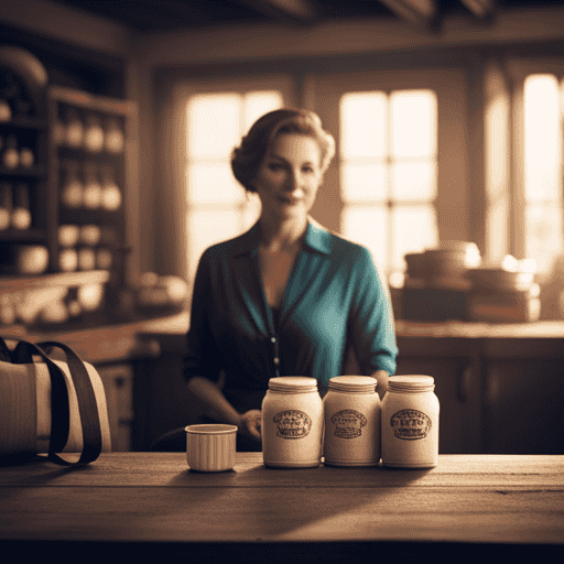 An image showcasing a cozy, vintage-inspired kitchen with shelves adorned with neatly stacked jars of Postum, a warm cup of the beverage steaming on a rustic wooden table, and a shopper holding a bag with the Postum logo