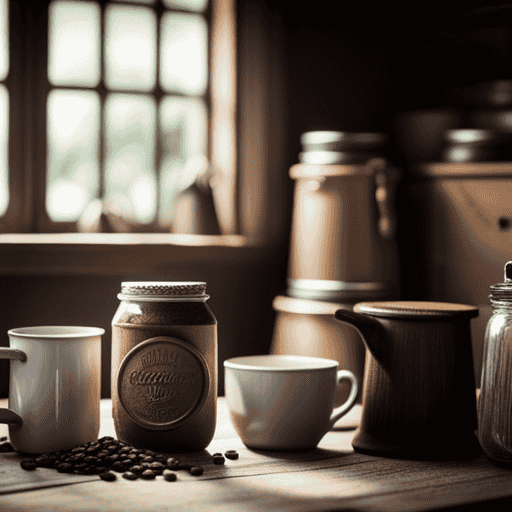 An image showcasing a cozy corner of a vintage-inspired kitchen, adorned with a rustic wooden cabinet displaying a variety of beautifully packaged Postum Drink jars, surrounded by antique coffee mugs and a steaming cup of this beloved caffeine-free beverage