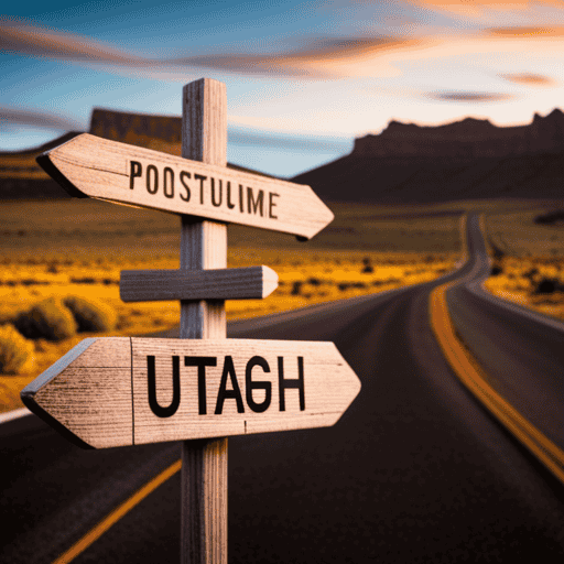 An image showcasing the scenic beauty of Utah, with a rustic wooden signpost nestled amidst breathtaking mountains and stunning landscapes