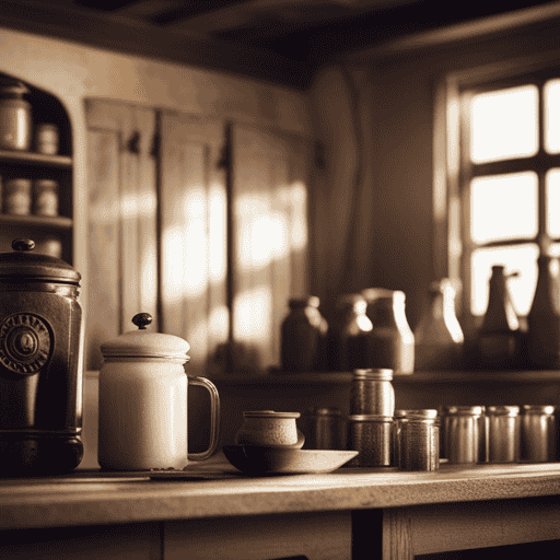 An image of a cozy kitchen with a rustic wooden countertop adorned with a vintage Postum canister, surrounded by shelves filled with jars of the beloved caffeine-free beverage, emanating warmth and nostalgia