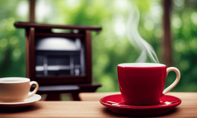 An image that showcases a cozy teahouse nestled amidst lush greenery, with a signboard displaying "Red Rooibos Tea" and a steaming cup, invitingly placed on a quaint wooden table nearby