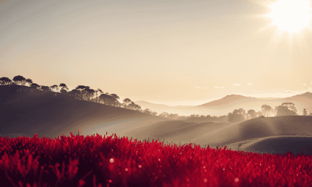 An image showcasing a serene tea plantation, bathed in warm sunlight, where vibrant red Rooibos leaves are being meticulously handpicked by skilled farmers, ready to be transformed into the perfect cup of tea