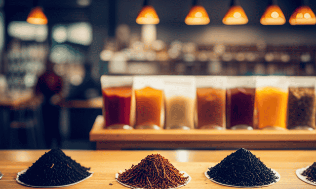 An image showcasing a vibrant, cozy tea shop in the heart of a bustling American city