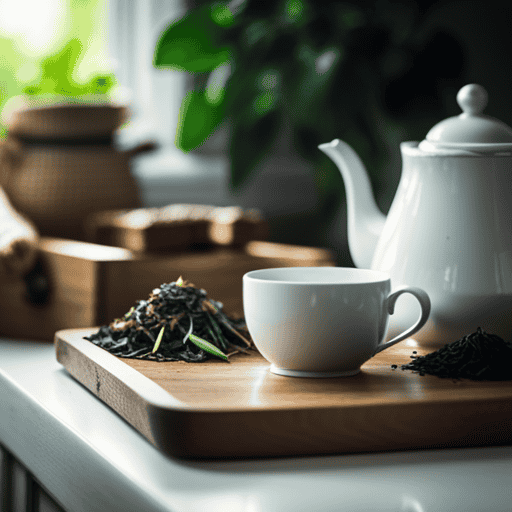 An image featuring a serene kitchen countertop adorned with a rustic wooden tray filled with neatly arranged boxes of Smooth Move herbal tea by Traditional Medicinals, enticingly displayed alongside a delicate teapot and a dainty tea cup