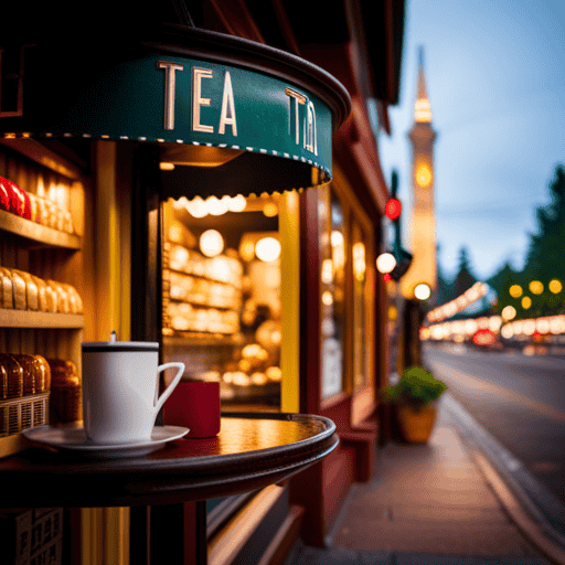 An image showcasing the vibrant streets of Portland, Oregon, with a charming herbal tea shop nestled amidst the quirky boutiques