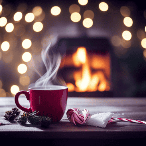 An image featuring a cozy winter scene with a rustic wooden table adorned with a steaming mug of Republic of Tea Peppermint Bark Cool Winter Herbal Tea, surrounded by snowy trees and twinkling lights