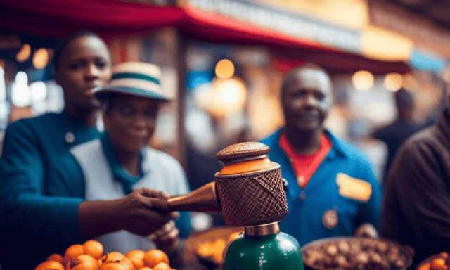 An image capturing the vibrant atmosphere of a bustling South African market, showcasing a variety of colorful stalls adorned with authentic South American decorations, offering an array of Yerba Mate tea products