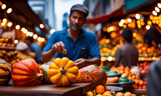An image showcasing a bustling South American marketplace, with vibrant stalls adorned with colorful gourds and bags of fresh Yerba Mate leaves