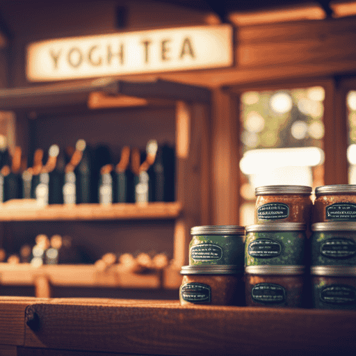 An image showcasing a vibrant, bustling farmers market scene with a cozy, rustic stall adorned with colorful banners and signs, offering an array of Yogi Green Tea Kombucha bottles neatly displayed on wooden shelves