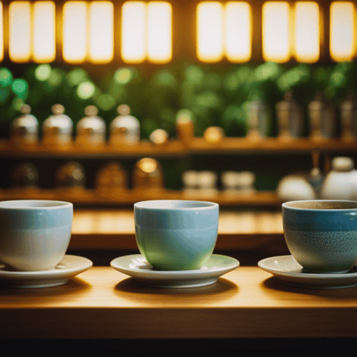 An image showcasing a serene tea shop with shelves lined with various Yogi Green Tea flavors, invitingly displayed