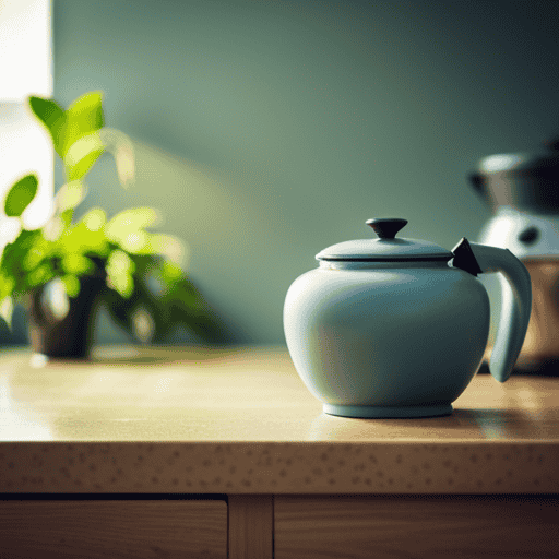 An image showcasing a serene, minimalist kitchen countertop adorned with a vibrant, green box of Yogi Detox Tea