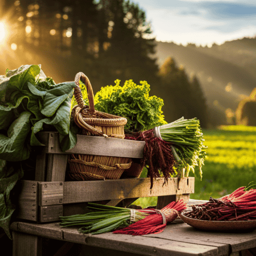 An image showcasing a rustic farmers market stall adorned with baskets overflowing with vibrant, earthy-hued chicory roots, arranged alongside bundles of crisp greens and aromatic herbs
