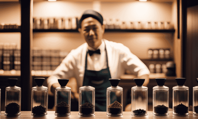 An image depicting a serene tea shop in Lubbock, with shelves adorned by neatly arranged canisters of aromatic oolong tea leaves, while a knowledgeable tea sommelier expertly brews a cup, enveloping the space in a fragrant mist