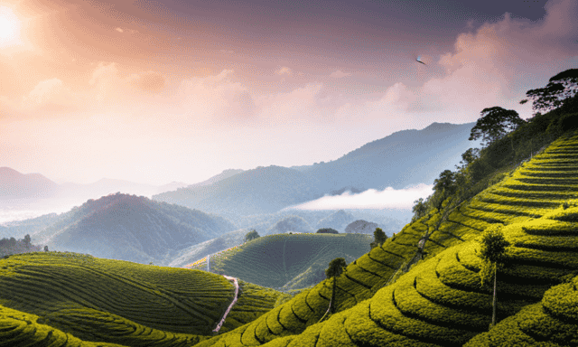 An image showcasing a serene mountainside tea plantation, with neatly arranged rows of lush green oolong tea bushes