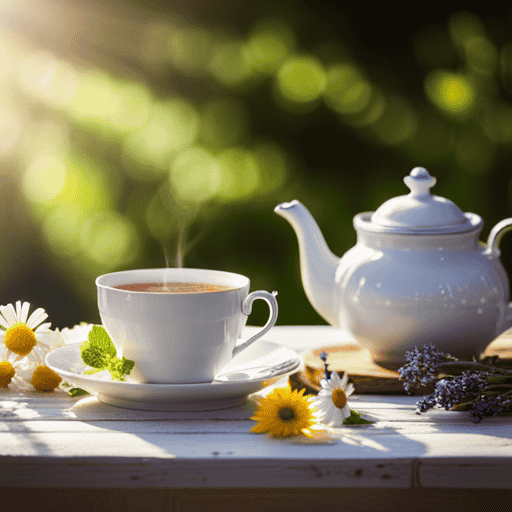 An image capturing the essence of Trescero Herbal Tea, showcasing a serene garden with vibrant, blooming chamomile, peppermint, and lavender plants