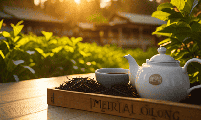 An image showcasing a serene tea garden, bathed in the warm hues of a setting sun