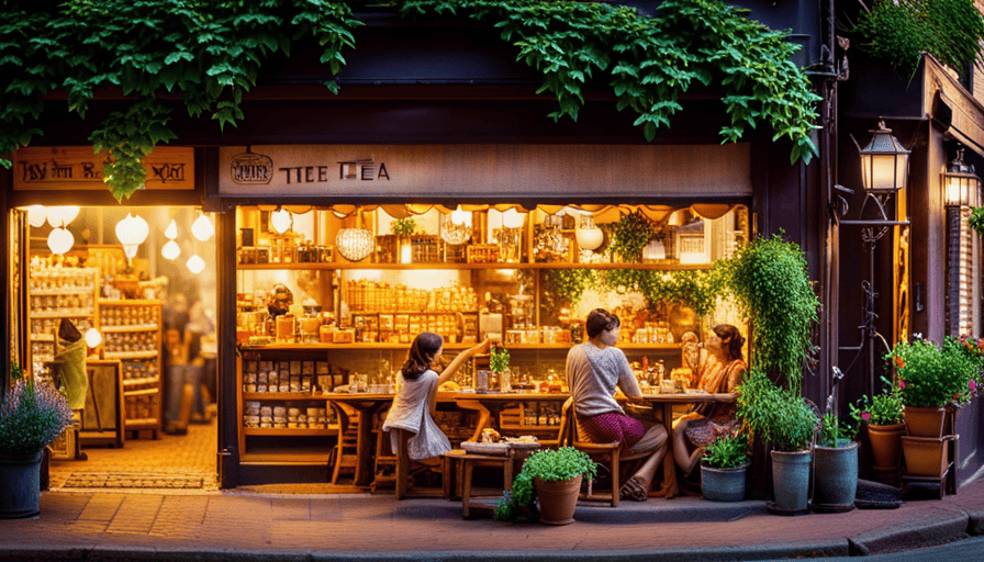 An image featuring a cozy herbal tea shop nestled in a quaint corner of a bustling city street