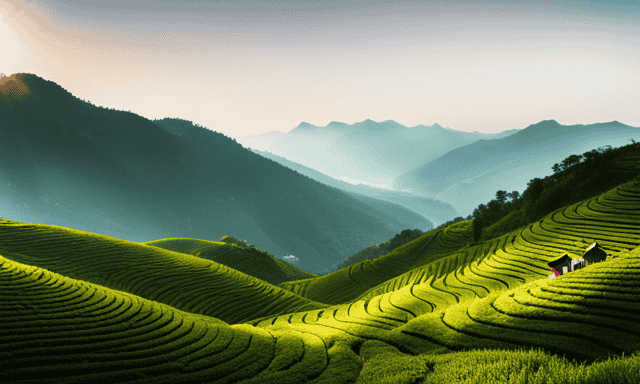 An image showcasing a serene traditional Chinese tea plantation enveloped in lush jade-green rolling hills