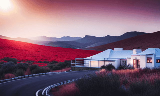 An image showcasing a serene, sunlit landscape in South Africa, adorned with rolling hills of vibrant red rooibos plants