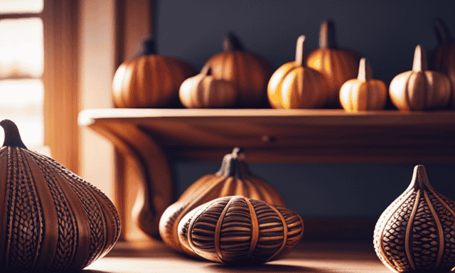 An image showcasing a cozy wooden shelf adorned with an array of vibrant, intricately designed gourds and accompanying bombillas, surrounded by neatly stacked packages of yerba mate tea in various flavors and brands