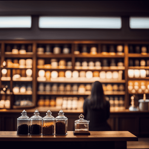An image showcasing a serene herbal tea shop, with shelves lined with glass jars filled with vibrant loose leaf teas, a knowledgeable tea specialist assisting a customer, and a cozy seating area for sampling teas