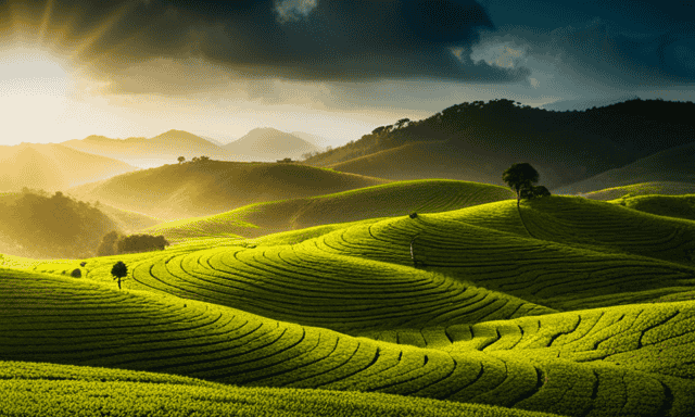 An image that showcases a serene tea plantation, surrounded by rolling hills covered in lush, vibrant green tea leaves