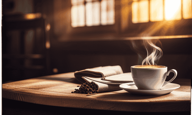 an inviting café scene with a rustic wooden table adorned with a steaming cup of aromatic coffee infused with chicory root
