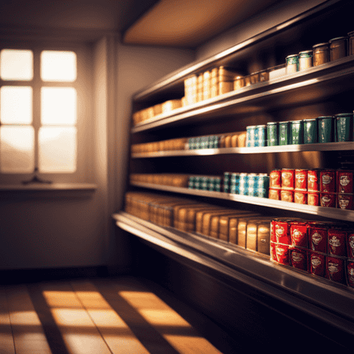 An image showcasing a cozy corner of a grocery store, with neatly stacked shelves displaying various flavors and sizes of Postum cans