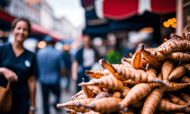 An image featuring a bustling outdoor market with vibrant stalls overflowing with fresh produce, where shoppers excitedly select and purchase bundles of full chicory root