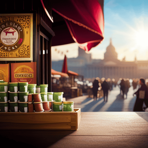 An image featuring a vibrant, bustling marketplace in Georgia, adorned with colorful stalls and banners showcasing Green World Herbal Tea Pretty Slim Mix
