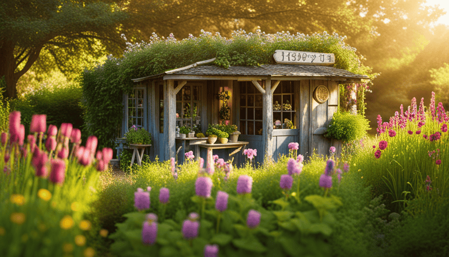 An image showcasing a serene, rustic herbal garden, bathed in warm sunlight