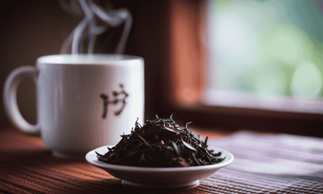 An image showcasing a serene, traditional teahouse nestled amidst lush mountains