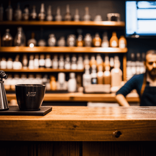 An image showcasing a cozy café scene with a rustic wooden counter, shelves behind it filled with vintage jars of Postum, and a barista serving a steaming mug to a delighted customer