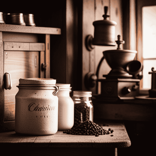 An image showcasing a cozy Kansas kitchen with a rustic wooden cupboard filled with jars of Postum, neatly arranged next to a vintage coffee grinder and a steaming mug