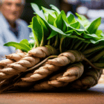 An image showcasing a vibrant farmers market stall, adorned with bundles of fresh chicory root
