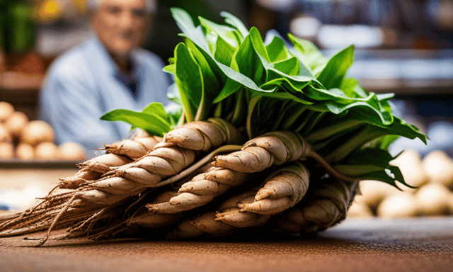 An image showcasing a vibrant farmers market stall, adorned with bundles of fresh chicory root