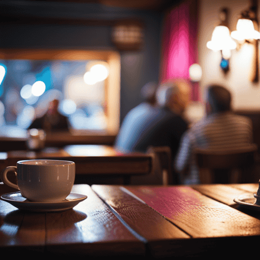 An image showcasing a cozy café scene with rustic wooden tables adorned with steaming mugs of Postum, where patrons engrossed in conversation enjoy the warm ambiance and aromatic delight