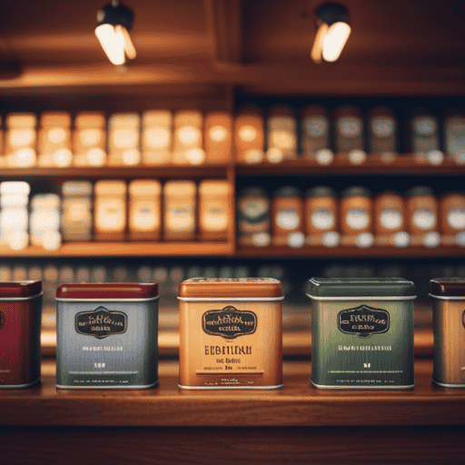 An image showcasing a serene, cozy tea shop with rustic wooden shelves lined with rows of vibrant Celestial Seasonings Herbal Tea - Bengal Spice boxes