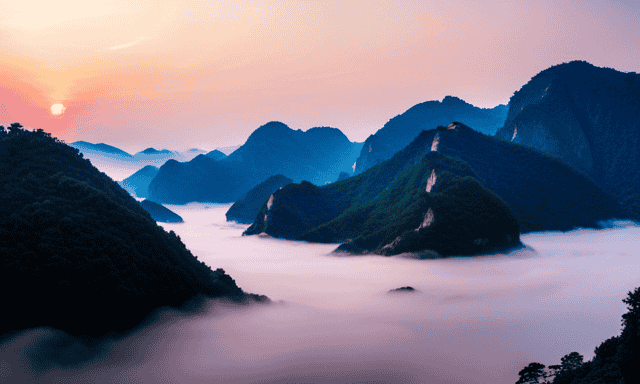 An image showcasing a serene mountain landscape in the misty regions of Fujian, China, featuring lush tea plantations on terraced hillsides, revealing the birthplace of Oolong tea