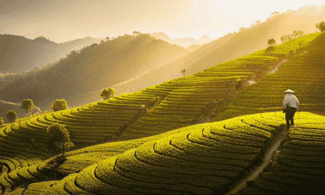 An image showcasing a serene tea plantation nestled amidst rolling hills, with a traditional tea house in the foreground