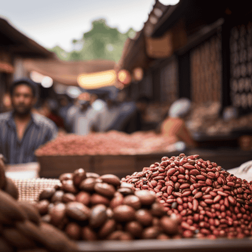 An image showcasing a bustling open-air market, brimming with vibrant stalls adorned with burlap sacks overflowing with luscious raw cacao beans