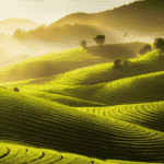 E an image showcasing a tranquil tea plantation amidst rolling green hills, bathed in warm sunlight