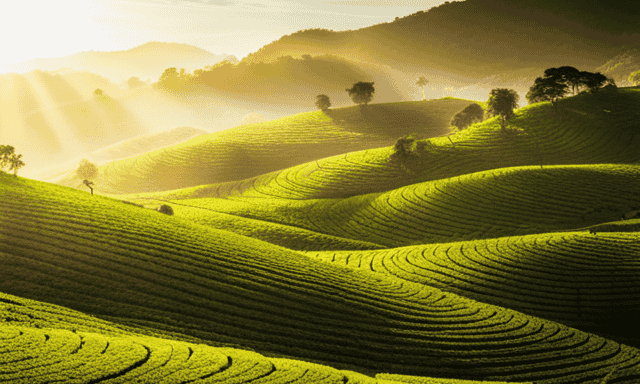 E an image showcasing a tranquil tea plantation amidst rolling green hills, bathed in warm sunlight