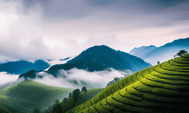 An image showcasing the journey of Oolong tea, from lush tea gardens nestled amidst misty mountains, where skilled tea farmers handpick delicate leaves, to traditional tea factories where leaves are meticulously processed and packaged for enthusiasts worldwide