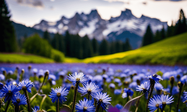 An image featuring the picturesque landscape of Washington State, showcasing a lush field of chicory root plants thriving in the fertile soil, surrounded by towering evergreen trees and snow-capped mountains in the distance